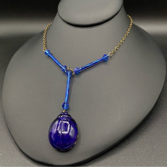 Vintage Cobalt Blue Czech Glass Scarab Pendant Necklace - Picture 1 of 15